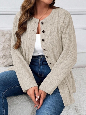 Plus Size Women Cable Flower Pattern Long Sleeve Single-Breasted Casual Cardigan Winter Fall Autumn - Image 4