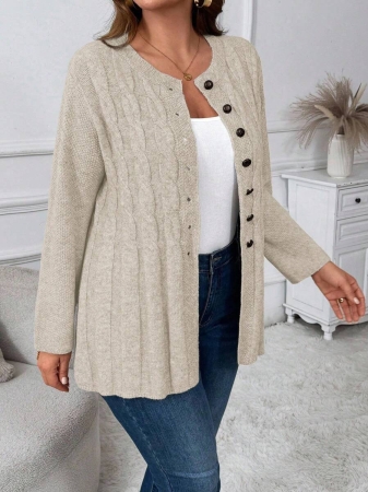 Plus Size Women Cable Flower Pattern Long Sleeve Single-Breasted Casual Cardigan Winter Fall Autumn - Image 6