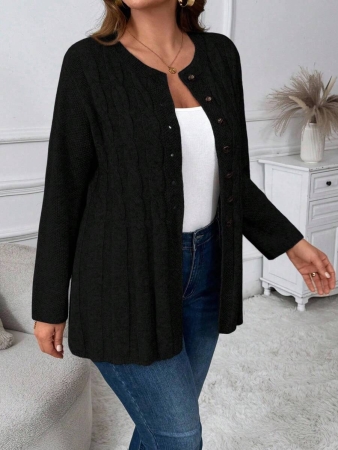 Plus Size Women Cable Flower Pattern Long Sleeve Single-Breasted Casual Cardigan Winter Fall Autumn - Image 11