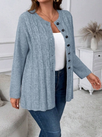 Plus Size Women Cable Flower Pattern Long Sleeve Single-Breasted Casual Cardigan Winter Fall Autumn - Image 16
