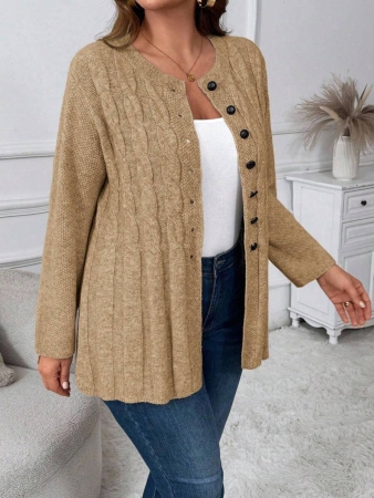 Plus Size Women Cable Flower Pattern Long Sleeve Single-Breasted Casual Cardigan Winter Fall Autumn - Image 21