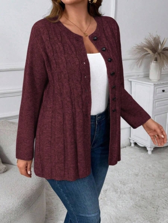 Plus Size Women Cable Flower Pattern Long Sleeve Single-Breasted Casual Cardigan Winter Fall Autumn - Image 25