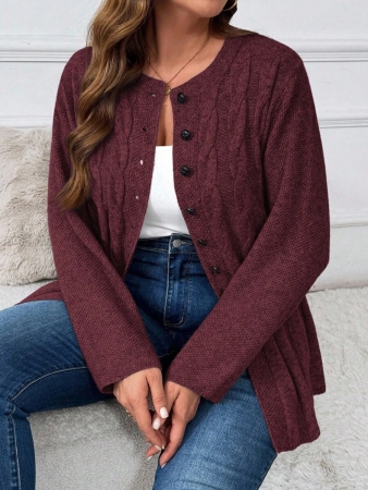 Plus Size Women Cable Flower Pattern Long Sleeve Single-Breasted Casual Cardigan Winter Fall Autumn - Image 26