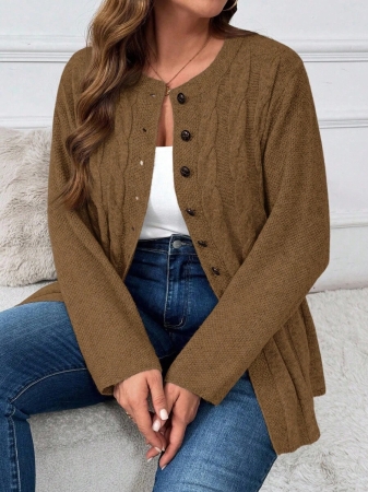 Plus Size Women Cable Flower Pattern Long Sleeve Single-Breasted Casual Cardigan Winter Fall Autumn - Image 29