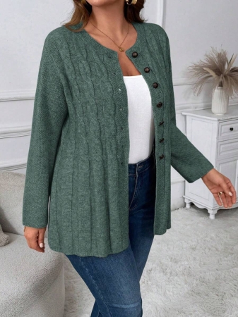 Plus Size Women Cable Flower Pattern Long Sleeve Single-Breasted Casual Cardigan Winter Fall Autumn - Image 36