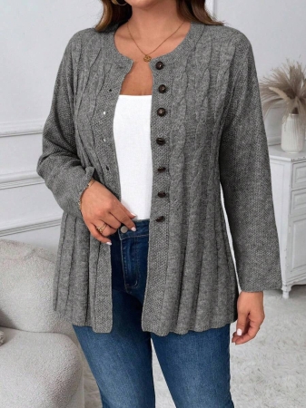 Plus Size Women Cable Flower Pattern Long Sleeve Single-Breasted Casual Cardigan Winter Fall Autumn - Image 37