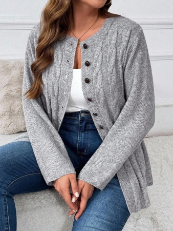 Plus Size Women Cable Flower Pattern Long Sleeve Single-Breasted Casual Cardigan Winter Fall Autumn - Image 45