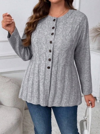 Plus Size Women Cable Flower Pattern Long Sleeve Single-Breasted Casual Cardigan Winter Fall Autumn - Image 46