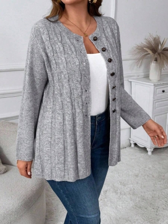 Plus Size Women Cable Flower Pattern Long Sleeve Single-Breasted Casual Cardigan Winter Fall Autumn - Image 47