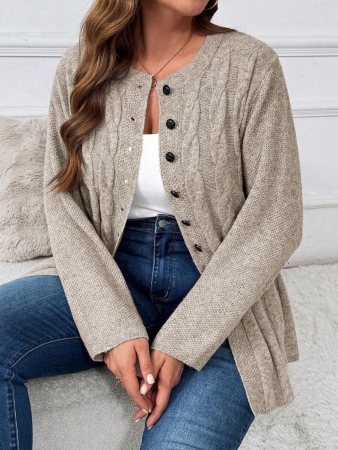 Plus Size Women Cable Flower Pattern Long Sleeve Single-Breasted Casual Cardigan Winter Fall Autumn - Image 50