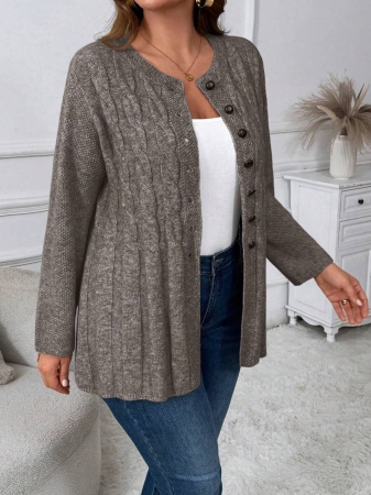 Plus Size Women Cable Flower Pattern Long Sleeve Single-Breasted Casual Cardigan Winter Fall Autumn - Image 97