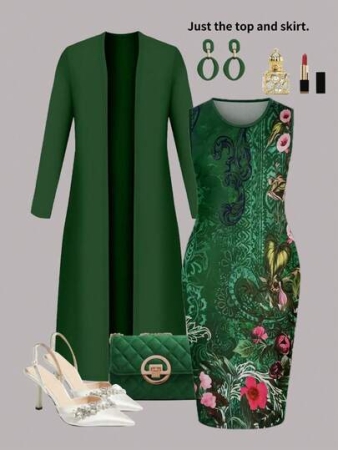 Plus Size Women's Elegant 2-Piece Set: Solid Color Fashionable Long Sleeve Cardigan Jacket + Vintage Floral Print Sleeveless Bodycon Maxi Dress