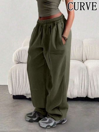 Plus Women's Solid Color Casual Loose With Pocket Solid Color Pants - Image 3