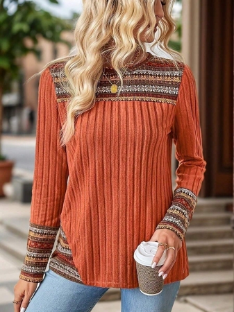 Plus Women's Round Neck Color Blocked Printed Long Sleeved T-Shirt Top - Image 5