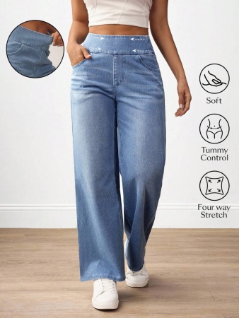 Flexra Plus Size Women Casual Commuter Versatile High Waist Comfortable Belted Slant Pocket Straight Leg Jeans - Image 17