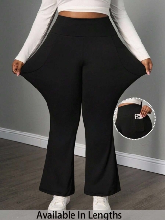 SHEIN PETITE CURVE Plus Size Women's Fall Winter Back To School Casual Homewear Yoga Comfortable Outdoor Solid Black Knitted Elastic Waist High Waist Pockets Flare Leg Trousers,Leggings With Pockets Plus Size Flare Pants Plus Size Wide Leg Pant Plus Size Bell Bottoms - Image 2
