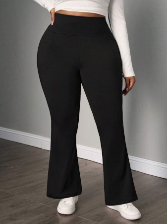 SHEIN PETITE CURVE Plus Size Women's Fall Winter Back To School Casual Homewear Yoga Comfortable Outdoor Solid Black Knitted Elastic Waist High Waist Pockets Flare Leg Trousers,Leggings With Pockets Plus Size Flare Pants Plus Size Wide Leg Pant Plus Size Bell Bottoms - Image 5