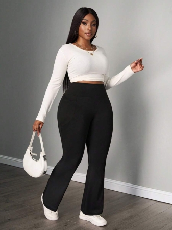 SHEIN PETITE CURVE Plus Size Women's Fall Winter Back To School Casual Homewear Yoga Comfortable Outdoor Solid Black Knitted Elastic Waist High Waist Pockets Flare Leg Trousers,Leggings With Pockets Plus Size Flare Pants Plus Size Wide Leg Pant Plus Size Bell Bottoms - Image 6