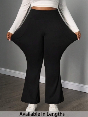 SHEIN PETITE CURVE Plus Size Women's Fall Winter Back To School Casual Homewear Yoga Comfortable Outdoor Solid Black Knitted Elastic Waist High Waist Pockets Flare Leg Trousers,Leggings With Pockets Plus Size Flare Pants Plus Size Wide Leg Pant Plus Size Bell Bottoms - Image 8