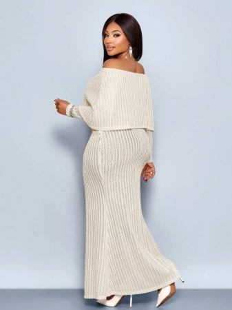 SOLERSUN Plus Size Women's New Solid Color Knitted Lace Fabric One-Shoulder Loose Outer Wear Long-Sleeved Loose Casual Top And Tight Elegant Fishtail Skirt Two Pieces Suit, Simple And Stylish Temperament Two Pieces Suit, Suitable For Concerts, Christmas, Halloween, New Year, Cocktail Parties, Romantic Dates, Street Wear, Daily Wear, Fall, Winter, All Seasons - Image 3