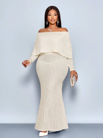 SOLERSUN Plus Size Women's New Solid Color Knitted Lace Fabric One-Shoulder Loose Outer Wear Long-Sleeved Loose Casual Top And Tight Elegant Fishtail Skirt Two Pieces Suit, Simple And Stylish Temperament Two Pieces Suit, Suitable For Concerts, Christmas, Halloween, New Year, Cocktail Parties, Romantic Dates, Street Wear, Daily Wear, Fall, Winter, All Seasons - Image 5