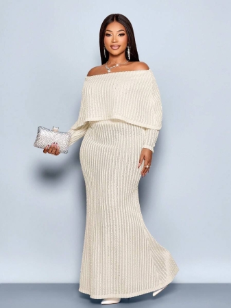 SOLERSUN Plus Size Women's New Solid Color Knitted Lace Fabric One-Shoulder Loose Outer Wear Long-Sleeved Loose Casual Top And Tight Elegant Fishtail Skirt Two Pieces Suit, Simple And Stylish Temperament Two Pieces Suit, Suitable For Concerts, Christmas, Halloween, New Year, Cocktail Parties, Romantic Dates, Street Wear, Daily Wear, Fall, Winter, All Seasons - Image 7