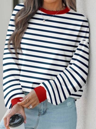 EMERY ROSE Halloween & Christmas Red & Blue Striped Pattern Loose Casual Plus Size Women Long Sleeve Sweatshirt, Suitable For Fall/Winter