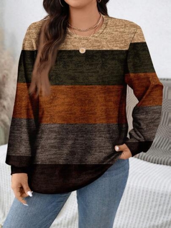 EMERY ROSE Plus Size Stripe Print Casual Minimalist Round Neck Loose Sweatshirt Fall Clothes Winter Clothes Autumn
