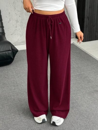 SHEIN EZwear Plus Size Burgundy Velvet Soft & Warm Casual Drawstring Loose Pants