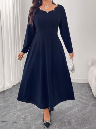 Modelyn Plus Size Rhinestone Embellished Waist A-Line Long Sleeve Knit Dress, Elegant & Fashionable - Image 3