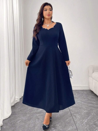 Modelyn Plus Size Rhinestone Embellished Waist A-Line Long Sleeve Knit Dress, Elegant & Fashionable - Image 5