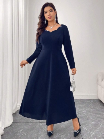 Modelyn Plus Size Rhinestone Embellished Waist A-Line Long Sleeve Knit Dress, Elegant & Fashionable - Image 6