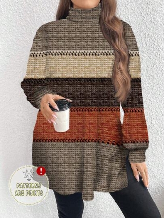 EMERY ROSE Thanksgiving Merlot Color Striped Print Casual Minimalist Plus Size Women Turtleneck Long T-Shirt, Autumn/Winter