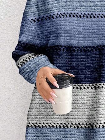 EMERY ROSE Thanksgiving Merlot Color Striped Print Casual Minimalist Plus Size Women Turtleneck Long T-Shirt, Autumn/Winter - Image 5