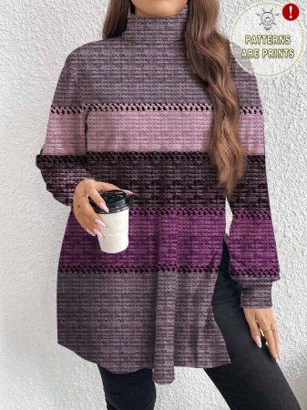 EMERY ROSE Thanksgiving Merlot Color Striped Print Casual Minimalist Plus Size Women Turtleneck Long T-Shirt, Autumn/Winter - Image 7