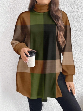 EMERY ROSE Thanksgiving Merlot Color Striped Print Casual Minimalist Plus Size Women Turtleneck Long T-Shirt, Autumn/Winter - Image 11