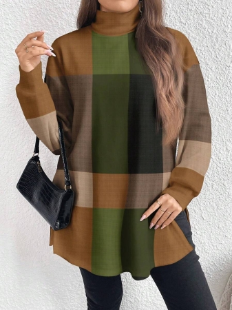 EMERY ROSE Thanksgiving Merlot Color Striped Print Casual Minimalist Plus Size Women Turtleneck Long T-Shirt, Autumn/Winter - Image 14