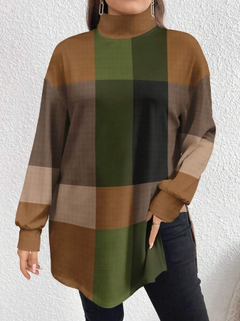 EMERY ROSE Thanksgiving Merlot Color Striped Print Casual Minimalist Plus Size Women Turtleneck Long T-Shirt, Autumn/Winter - Image 15