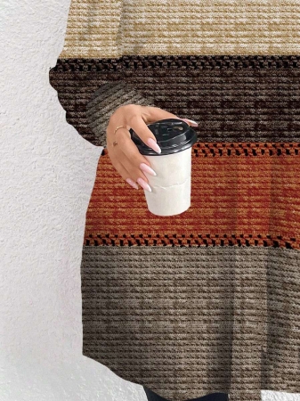 EMERY ROSE Thanksgiving Merlot Color Striped Print Casual Minimalist Plus Size Women Turtleneck Long T-Shirt, Autumn/Winter - Image 19