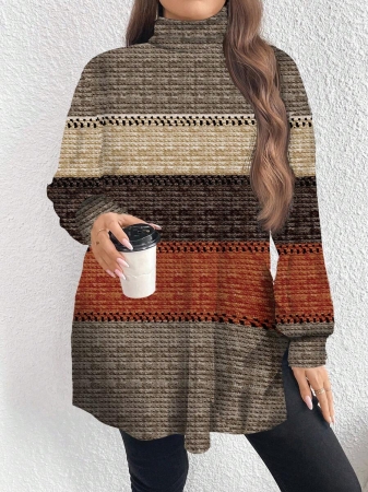 EMERY ROSE Thanksgiving Merlot Color Striped Print Casual Minimalist Plus Size Women Turtleneck Long T-Shirt, Autumn/Winter - Image 20