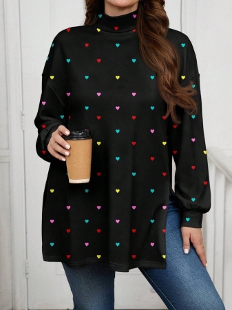 EMERY ROSE Thanksgiving Merlot Color Striped Print Casual Minimalist Plus Size Women Turtleneck Long T-Shirt, Autumn/Winter - Image 21