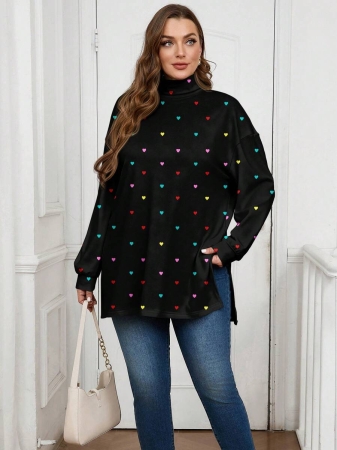 EMERY ROSE Thanksgiving Merlot Color Striped Print Casual Minimalist Plus Size Women Turtleneck Long T-Shirt, Autumn/Winter - Image 22