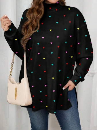 EMERY ROSE Thanksgiving Merlot Color Striped Print Casual Minimalist Plus Size Women Turtleneck Long T-Shirt, Autumn/Winter - Image 24