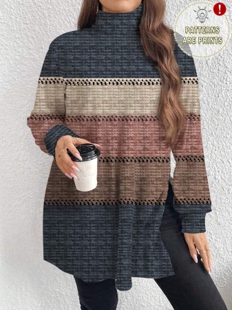 EMERY ROSE Thanksgiving Merlot Color Striped Print Casual Minimalist Plus Size Women Turtleneck Long T-Shirt, Autumn/Winter - Image 26