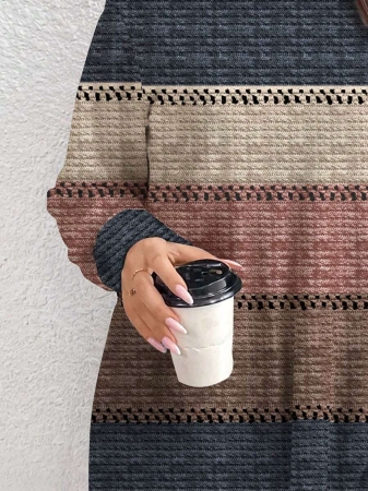 EMERY ROSE Thanksgiving Merlot Color Striped Print Casual Minimalist Plus Size Women Turtleneck Long T-Shirt, Autumn/Winter - Image 29