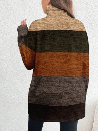 EMERY ROSE Thanksgiving Merlot Color Striped Print Casual Minimalist Plus Size Women Turtleneck Long T-Shirt, Autumn/Winter - Image 31