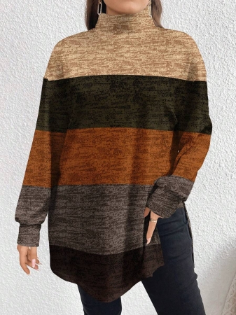 EMERY ROSE Thanksgiving Merlot Color Striped Print Casual Minimalist Plus Size Women Turtleneck Long T-Shirt, Autumn/Winter - Image 33