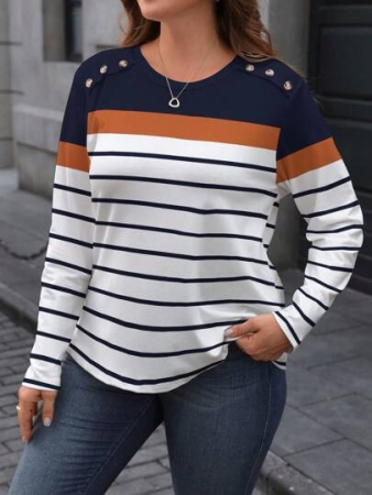 EMERY ROSE Plus Size Minimalist Colorblock Striped Print Long Sleeve T-Shirt
