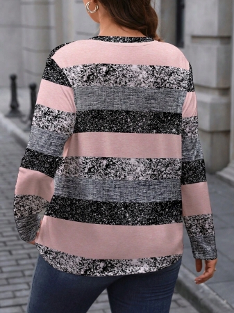 EMERY ROSE Plus Size Minimalist Colorblock Striped Print Long Sleeve T-Shirt - Image 7