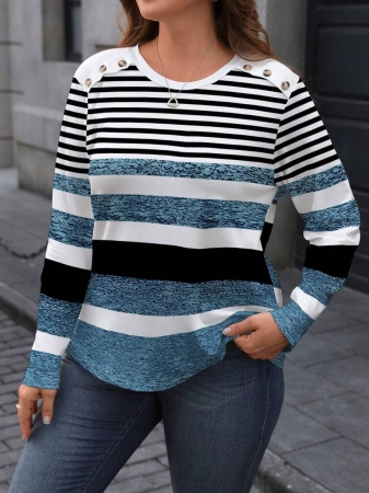 EMERY ROSE Plus Size Minimalist Colorblock Striped Print Long Sleeve T-Shirt - Image 10
